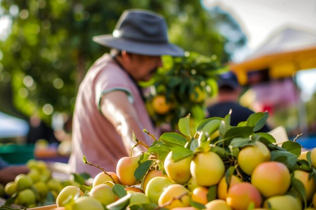 Photo orchard picker harvesting fruit farmers market backdrop