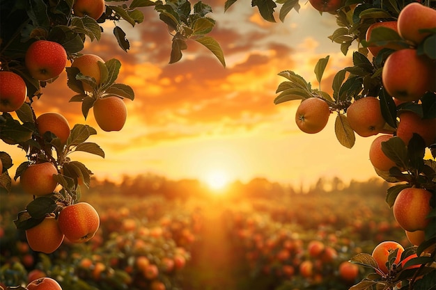 Orchard sunset Warm glow over vast apple trees inviting tranquility