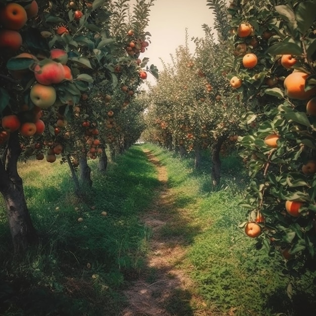 An orchard with apples on the trees and the word apple on the bottom.