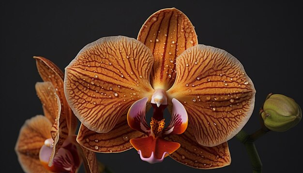 Foto eleganza dei fiori di orchidea nella bellezza bagnata della natura generata dall'intelligenza artificiale