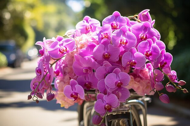 レトロな囲気のためにヴィンテージ・ビニール・レコードの積み重ねに並べられたオルキディアの花束