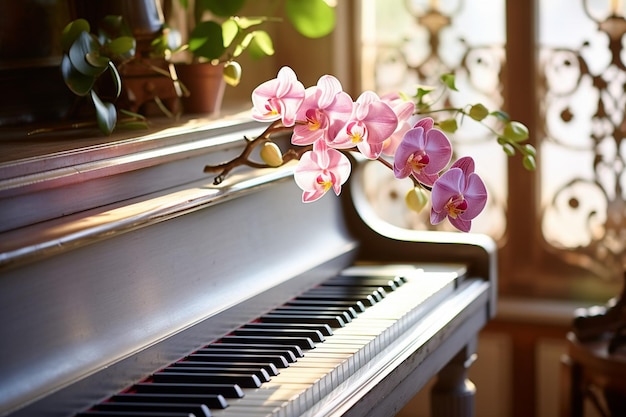 Orchid bouquet arranged on a stack of vintage vinyl records for a retro vibe