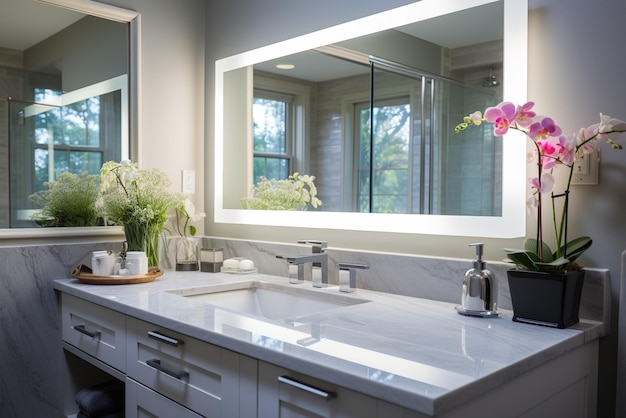 Orchid flowers and bright bathroom