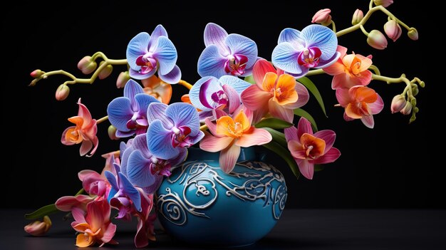 Photo orchid flowers in a colorful vase on a black background generative ai