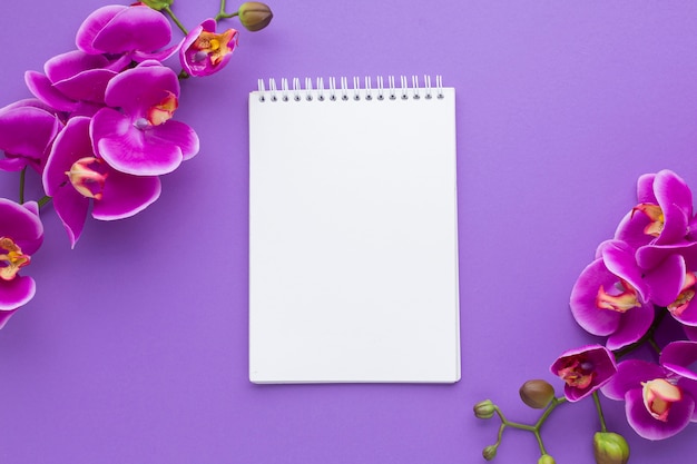 Orchid flowers with empty notepad mock-up