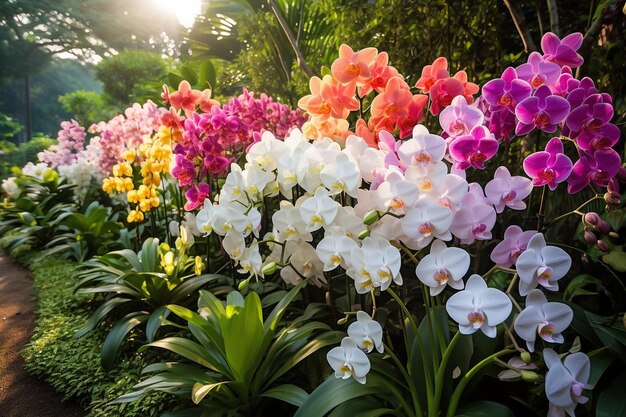 Orchid garden with a variety of colors and species