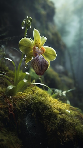 A orchid in a mossy forest with a green leaf and a yellow flower