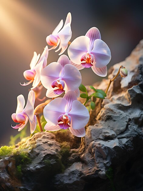 Foto orchidee annidate in una fessura tonalità pastello effetto bokeh macro l illustrazione iperrealistica photo art