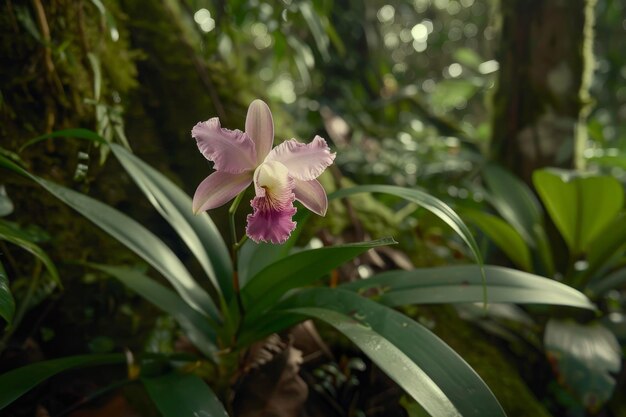 An orchid in a rainforest surrounded by lush foliage The shallow depth of field isolates the flower making it the focal point