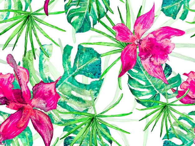 Foto orchid seamless pattern. abbigliamento da bagno print con orchidee, foglie di palma. acquerello sullo sfondo floreale. print estivo tropicale. disegno hawaiano esotico verde e rosso. texture di tappezzeria thailandese.