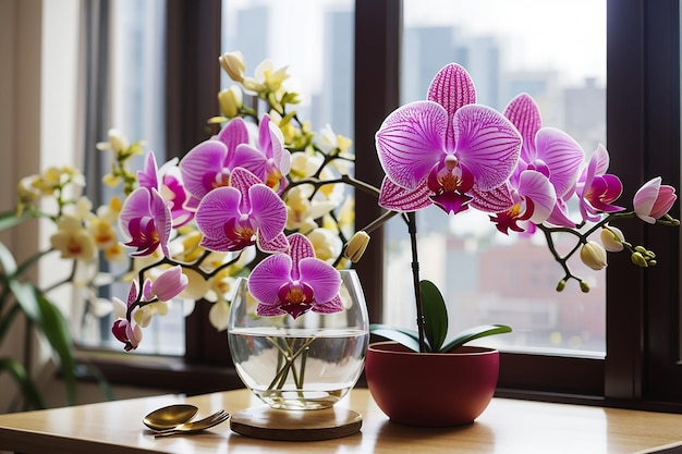 Photo orchid on table on the window background