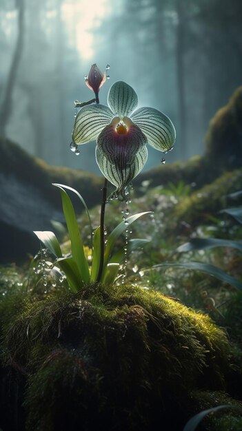 A orchid with a drop of water on it