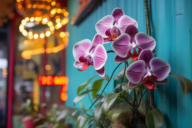 Орхидея с ретро-неоновым знаком на заднем плане