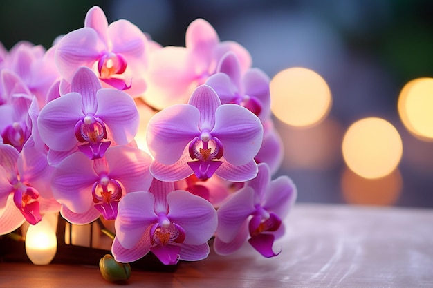 Orchideeënboeket met een reflectie in een paar elegante hoge hakken