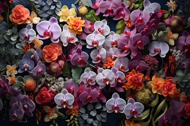 orchids closeup as a background lots of exotic flowers and buds colorful floral backdrop