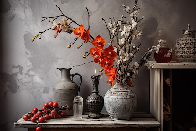 Orchids on grey table