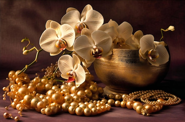 Orchids and pearls on a golden background photo