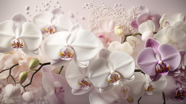 Orchids on a pink background with a white background