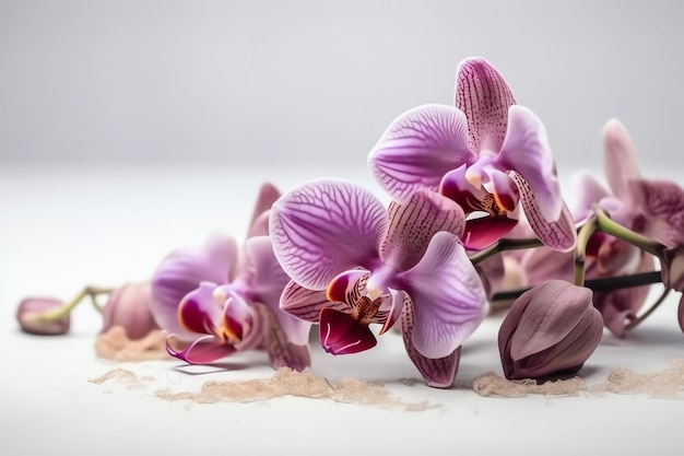 Orchids on a white table with a grey background