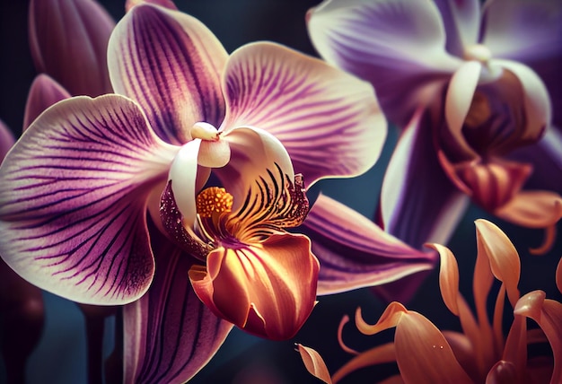 Orchids with a butterfly on the coloured background AI Generated