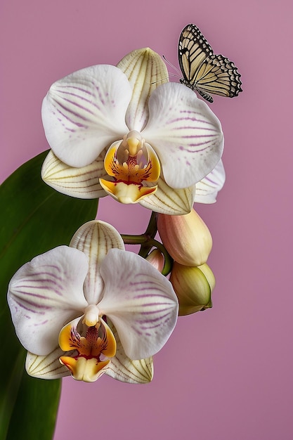Орхидеи с бабочкой на цветном фоне