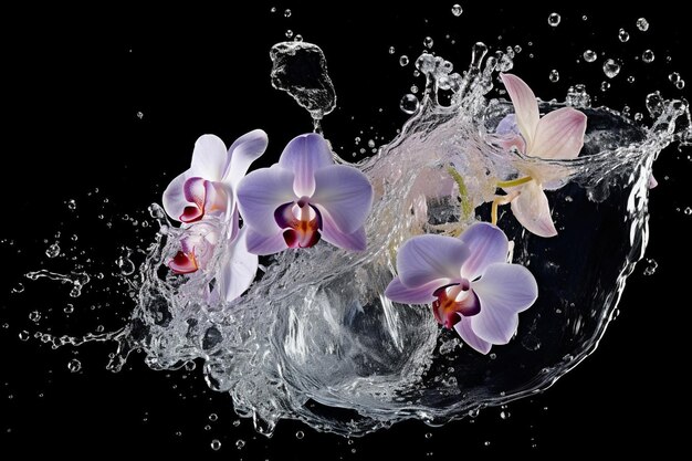 Foto orchidee con gocce d'acqua congelate in aria per un colpo dinamico