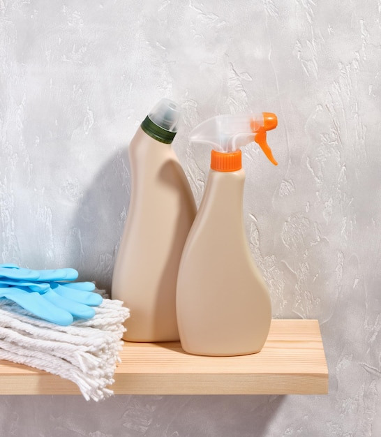 Order and cleanliness products in beige bottles Blue rubber gloves and floor mop