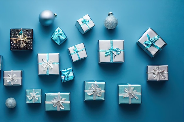 Ordered christmas gift boxes stack with ribbons on blue\
background