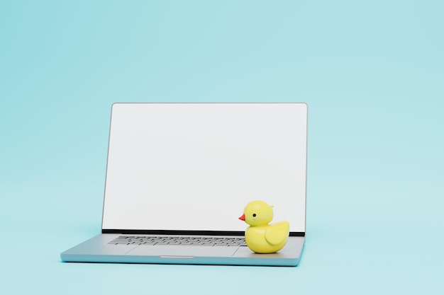 Ordering children's toys on the Internet laptop and yellow rubber duck on a blue background