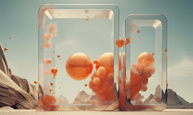 Orderly arranged orange spheres inside a glass enclosure on a rocky base exuding a blend of simplicity and abstract surrealism AI Generative