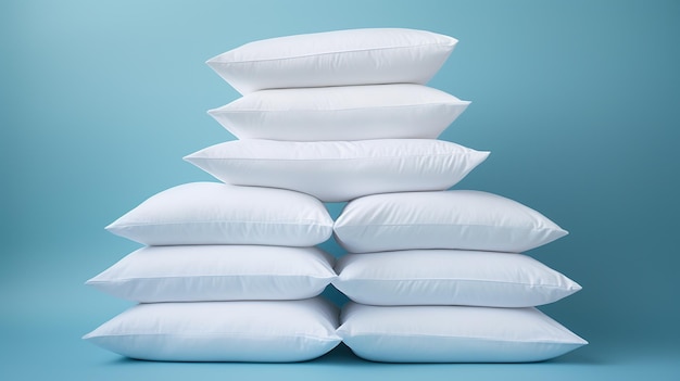 An orderly stack of fluffy white pillows forms a pyramid against a soothing teal backdrop