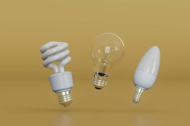 Ordinary and energysaving light bulbs on a yellow background 3D render