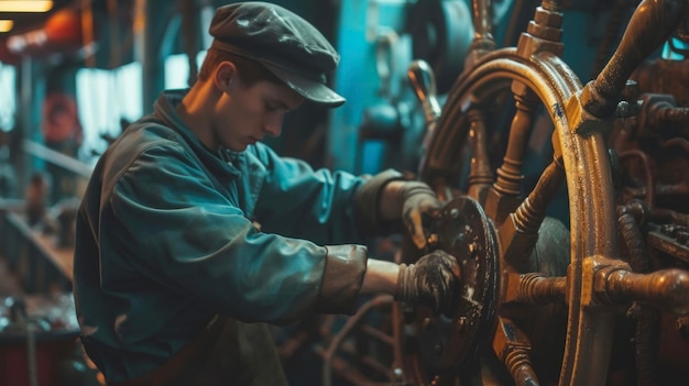 An ordinary seaman polishing br fittings on the ships wheel their attention to detail ensuring the