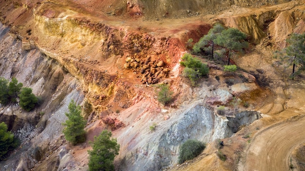 Ore and sulfide deposits in Kokkinopezoula opencast mine near Mitsero, Cyprus. Colorful landscape detail, aerial view