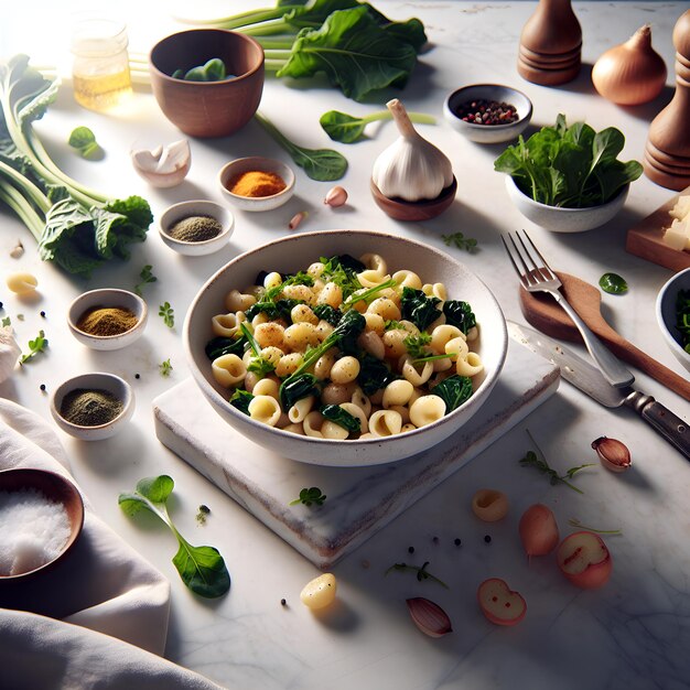 Orecchiette pasta met turnipgroenen op marmeren toonbank