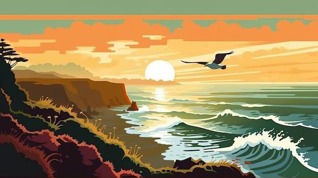 Oregon Coastline Wpa Poster With Heermann's Gull In Flight