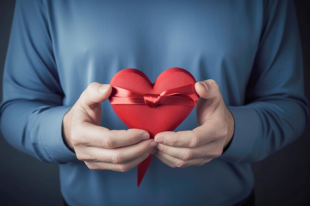 Organ donation campaignHands of a volunteer holding a heartshaped prop with donation ribbon