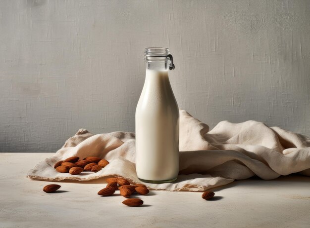 Organic almond milk in glass bottle near ceramic bowl with raw almonds on stone table in the kitchen ready for cooking Created with Generative AI technology