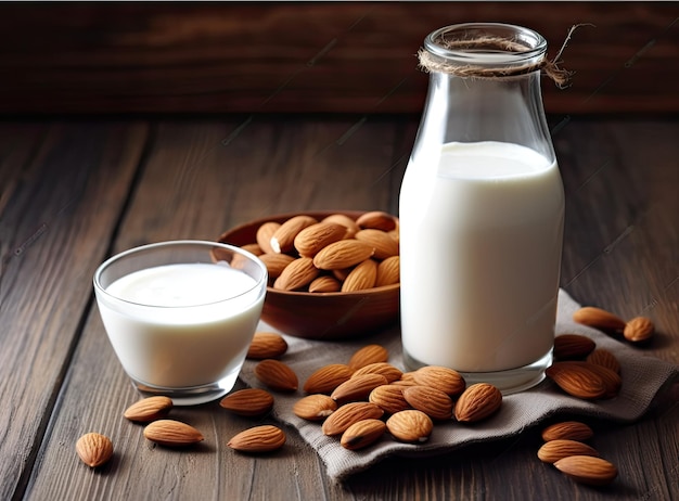 Organic almond milk in glass bottle near ceramic bowl with raw almonds on stone table in the kitchen ready for cooking Created with Generative AI technology
