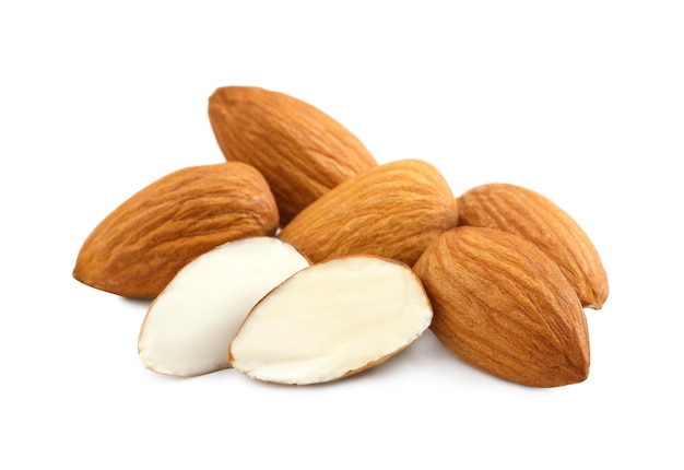 Organic almond nuts on white background Healthy snack