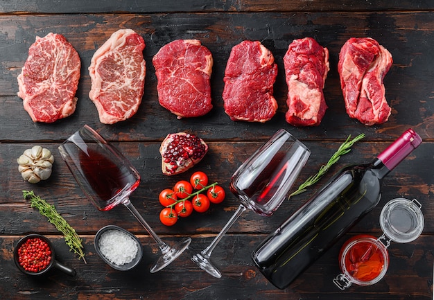 Organic alternative beef cuts with wine bottle