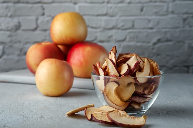 Organic apple chips with copy space vegetarian fruit snack