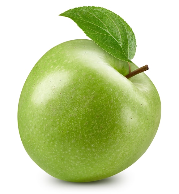 Органическое яблоко на белом фоне Вкус зеленого яблока с листьями Полная глубина резкости с