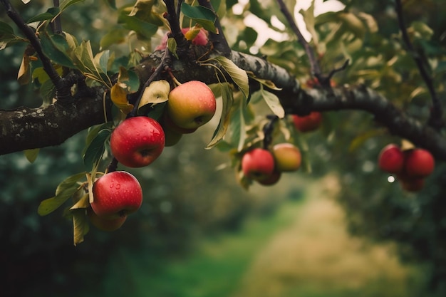 Organic apples hanging from a tree branch in an apple orchard AI