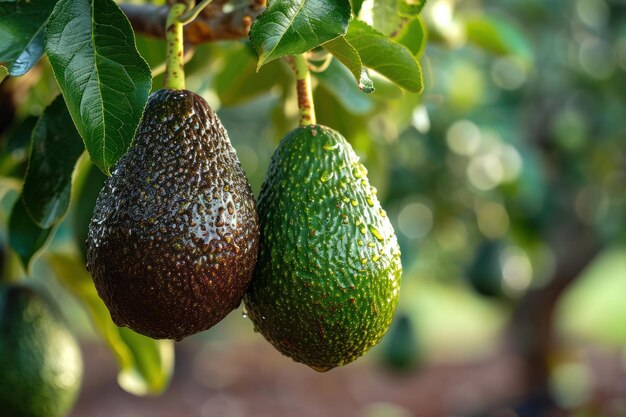 Organic avocado hanging from a tree branch