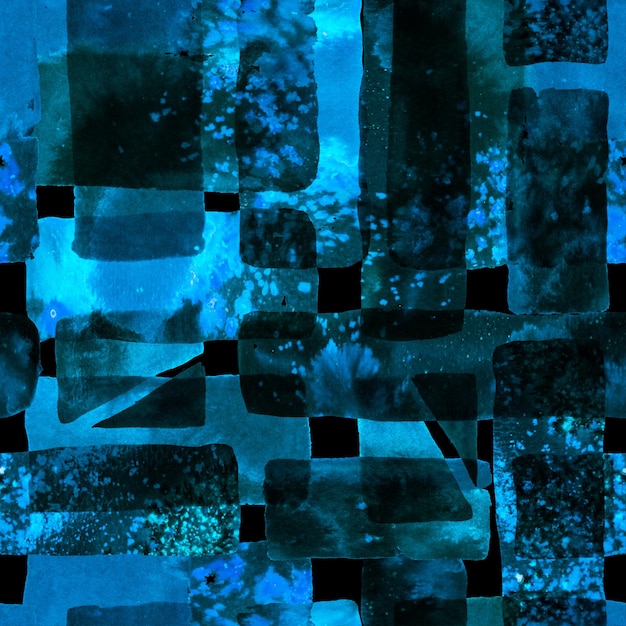 Органический фон. Индиго-синие и серые акварельные линии от руки. Цветной кубизм 70-х годов. Веселая геометрия. Акварель модное искусство. Африканский гео-мазок. Бесшовный фон Баухауза.