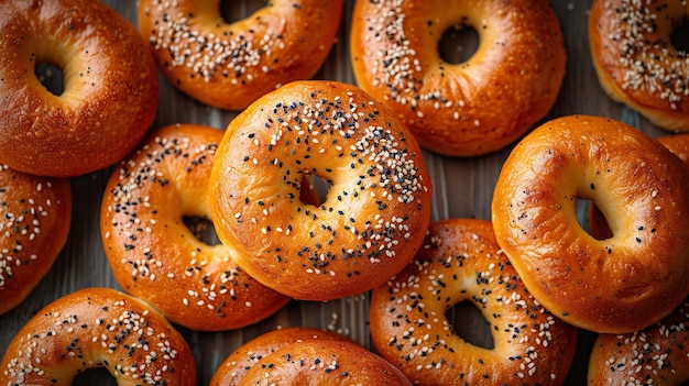 Organic bagels mounted with sesame seeds in the foreground upclose view and space Generative AI