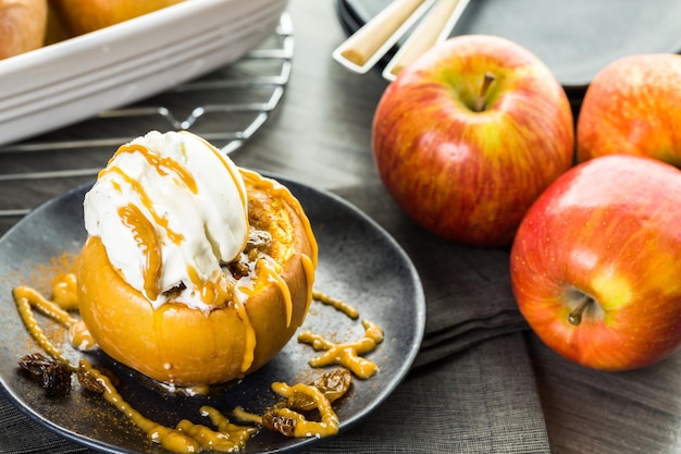 Organic baked apples served with vanilla ice cream.