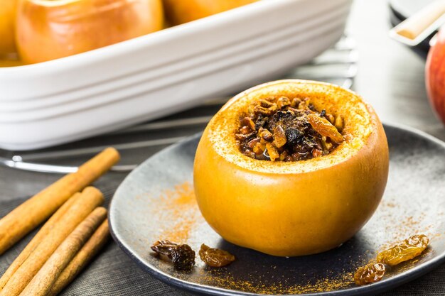 Organic baked apples with raisins and pecans.