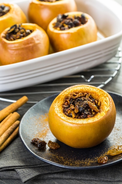 Organic baked apples with raisins and pecans.